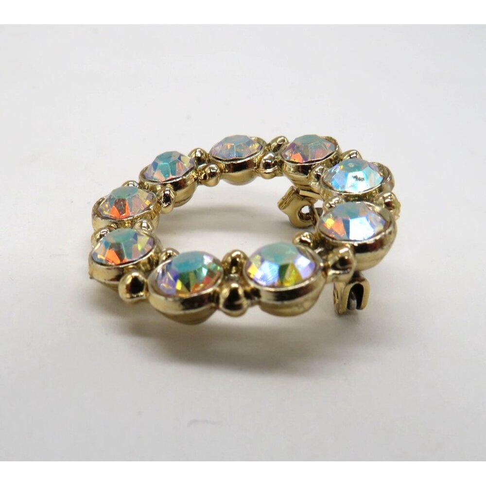 Vintage Brooch Aurora Borealis Crystal Circle Brooch Gold‎ Tone Pin - Picture 6 of 13